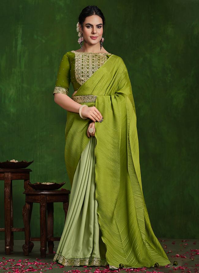 Crepe Silk Georgette Green Wedding Wear Sequence Work Saree